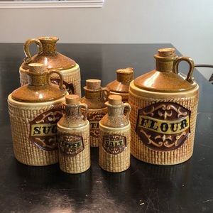 Vintage whiskey jug set of flour, cookie, sugar, tea, coffee, salt and pepper